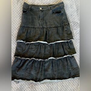 Pretty Damage Tiered Denim Midi Skirt Size L Stretchy Boho